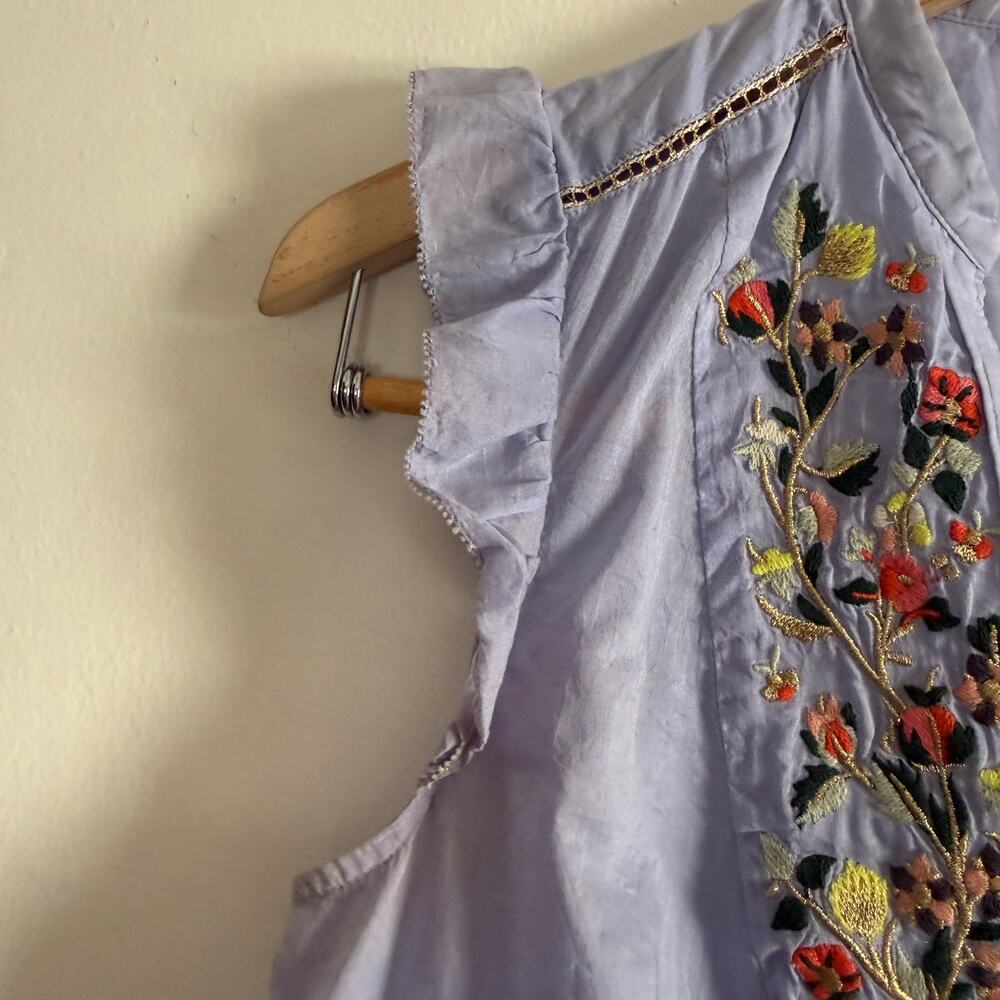 MAEVE | Anthropologie Threadbloom Blue ruffle Sleeve Embroidered Blouse | 2 - Picture 7 of 8